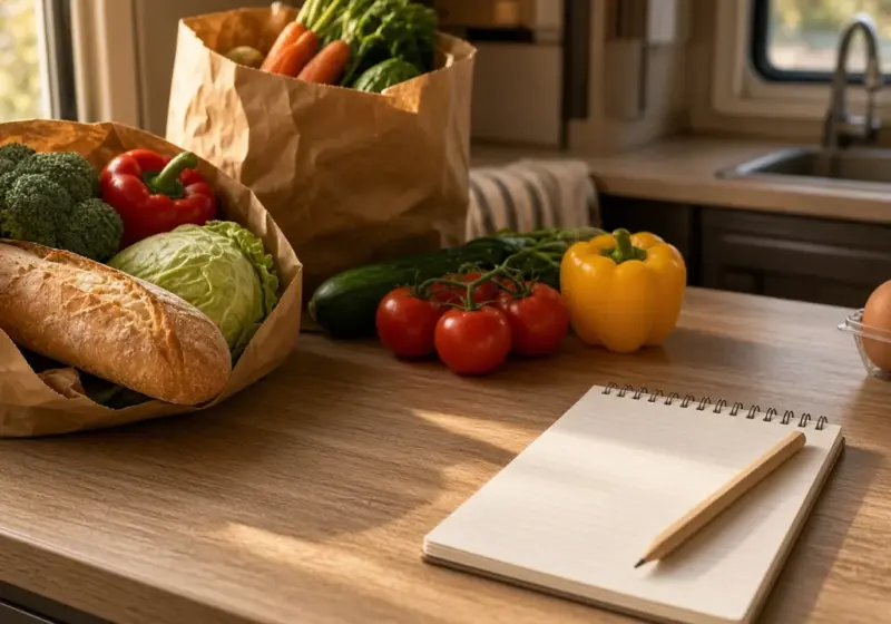A weekly meal plan pad and groceries on an RV counter
