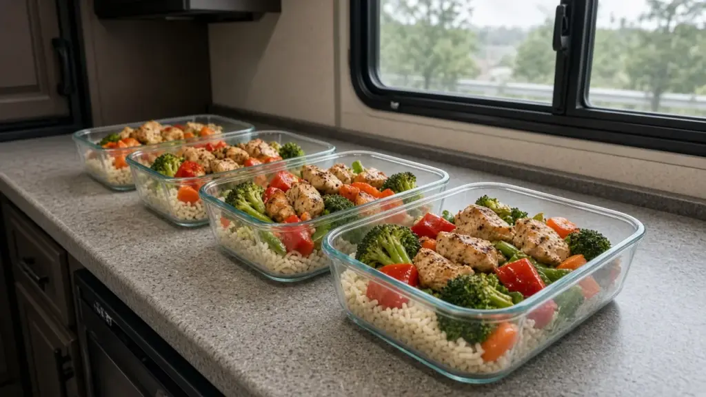 Meal prep containers filled with food on an RV kitchen counter