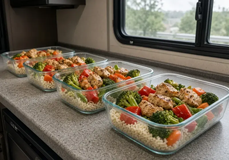 Meal prep containers filled with food on an RV kitchen counter