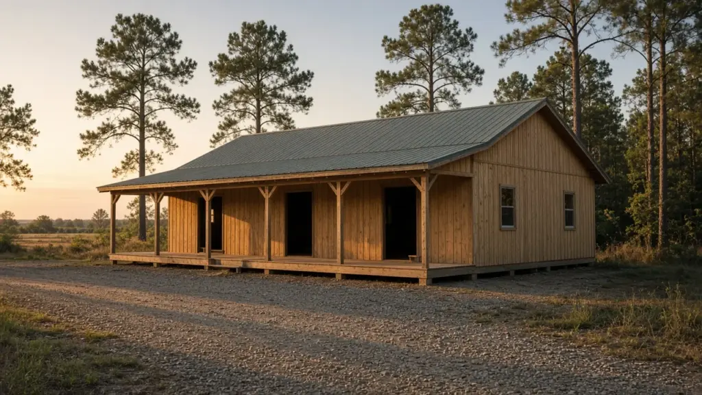 A small-town Texas community hall with a gravel parking lot