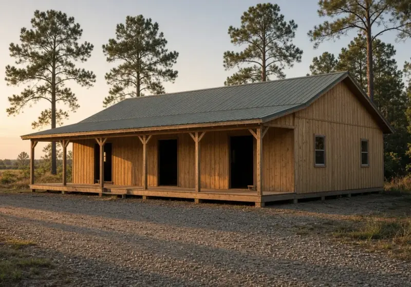 A small-town Texas community hall with a gravel parking lot