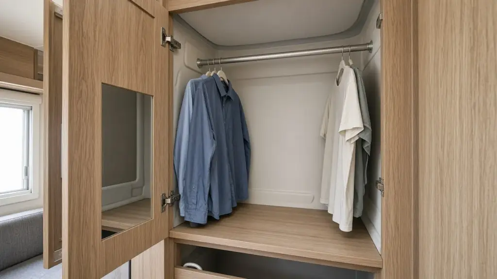 A nearly empty RV closet with a few hanging clothes