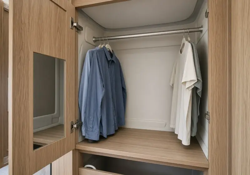 A nearly empty RV closet with a few hanging clothes