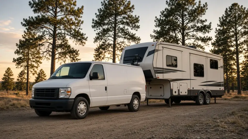 A service van parked beside a fifth wheel