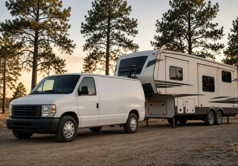 A service van parked beside a fifth wheel