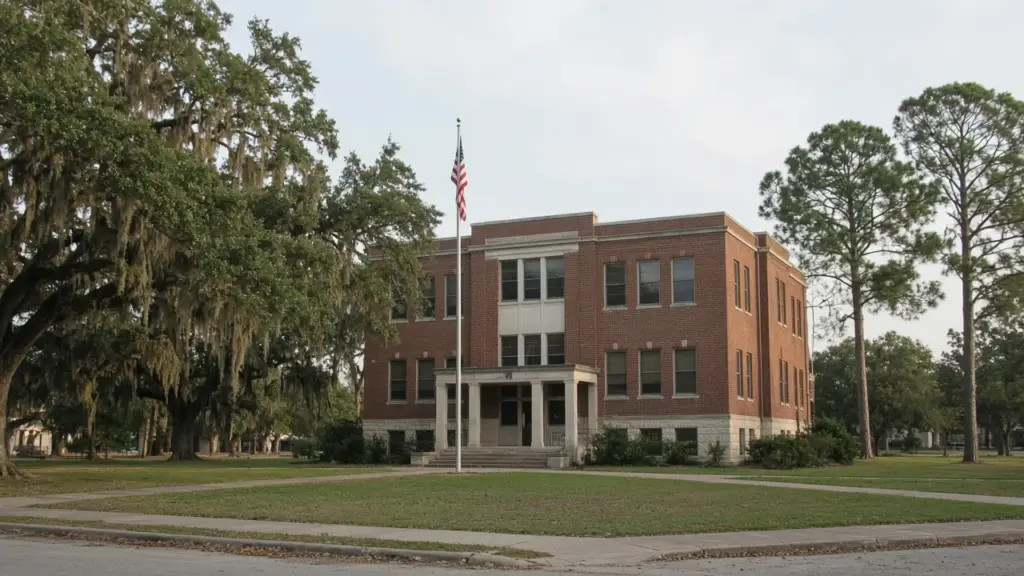 A county government building exterior in Southeast Texas with a flagpole