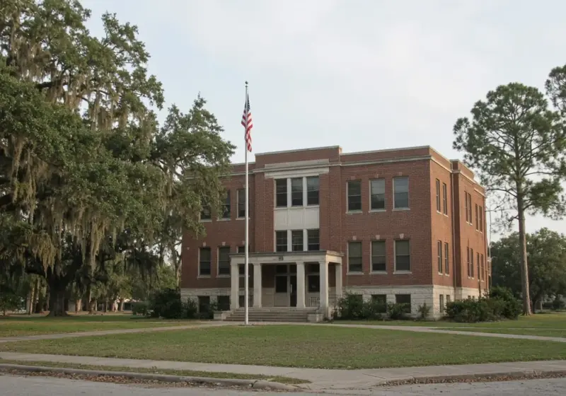 A county government building exterior in Southeast Texas with a flagpole