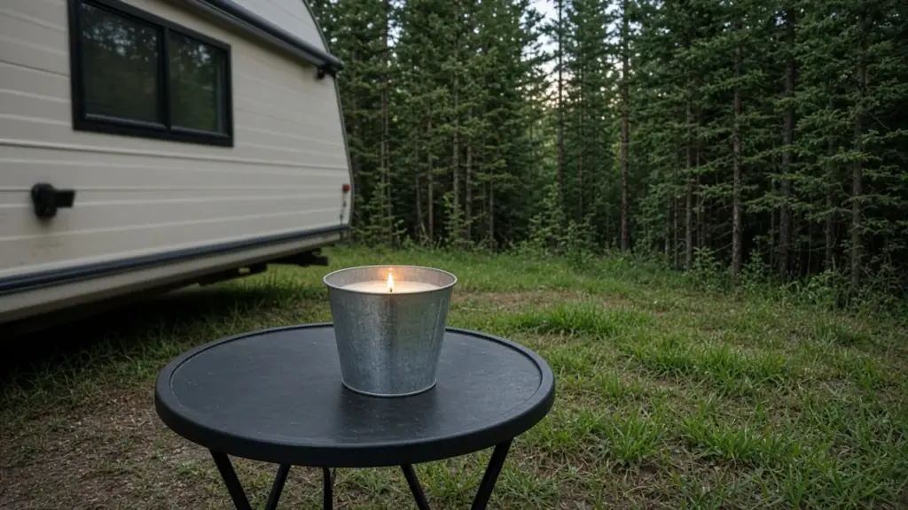 A citronella candle on a small table beside an RV at dusk