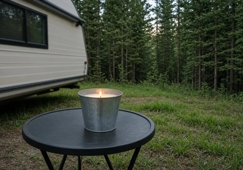 A citronella candle on a small table beside an RV at dusk
