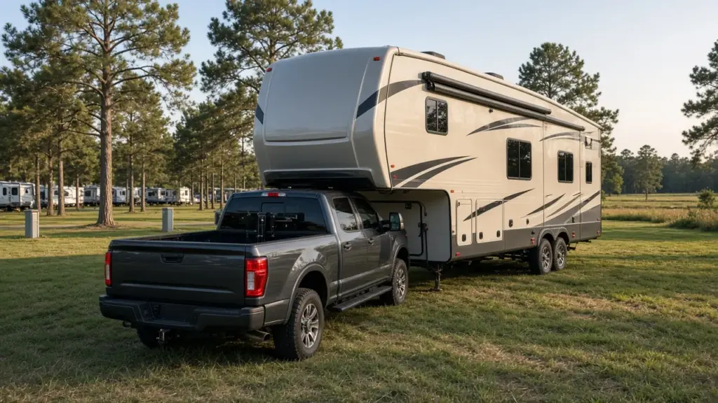 A fifth wheel being hitched to a pickup truck in an RV park