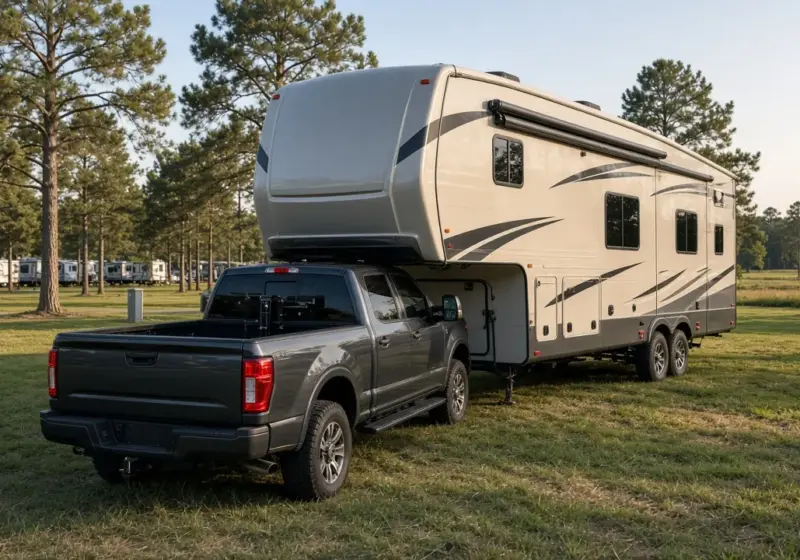 A fifth wheel being hitched to a pickup truck in an RV park