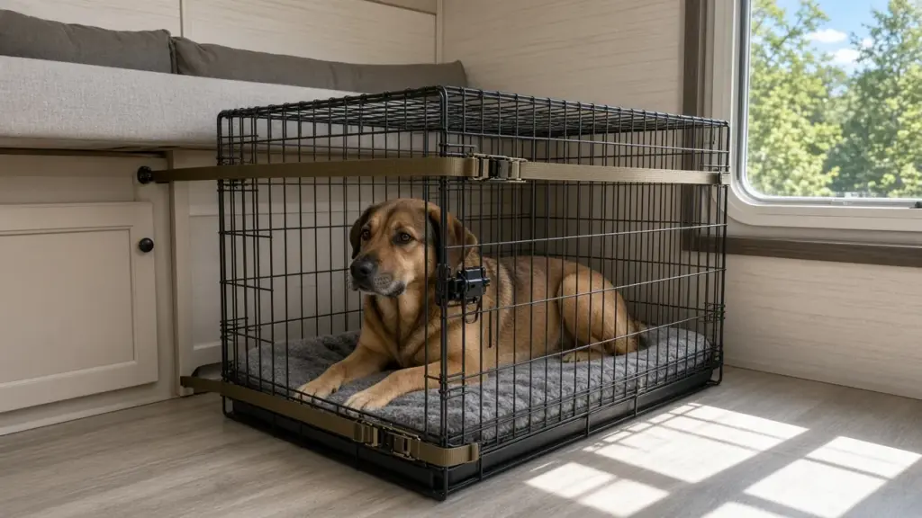 A dog in a crate secured inside a travel trailer