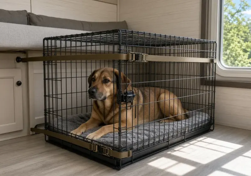 A dog in a crate secured inside a travel trailer