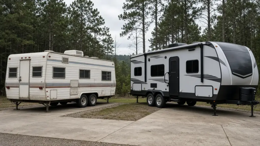 An older RV and a newer RV parked side by side