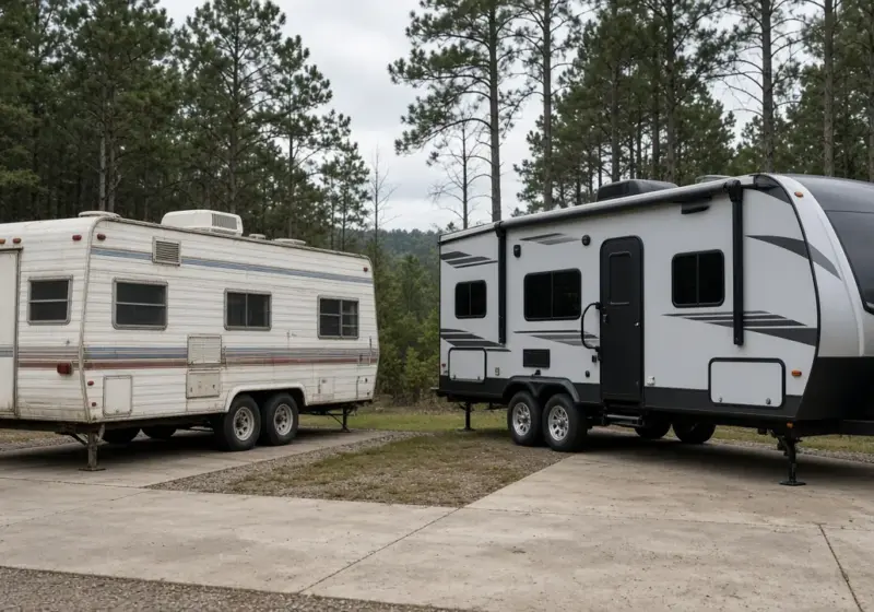 An older RV and a newer RV parked side by side