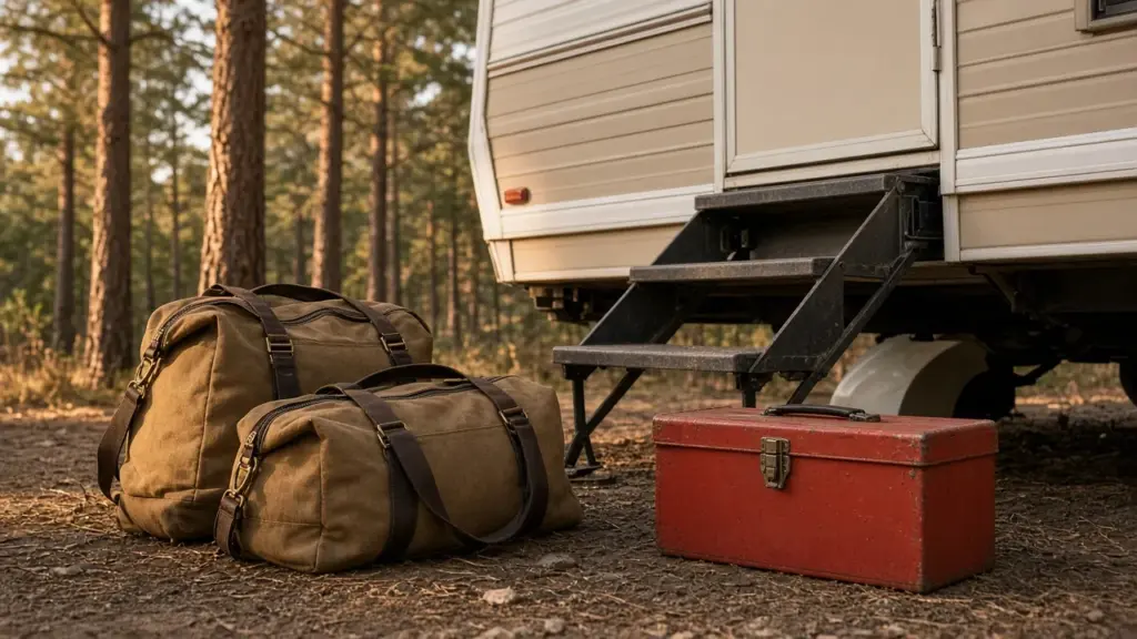 Packed duffel bags and a toolbox beside an RV door