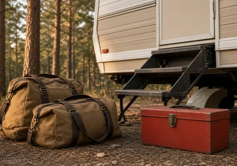 Packed duffel bags and a toolbox beside an RV door