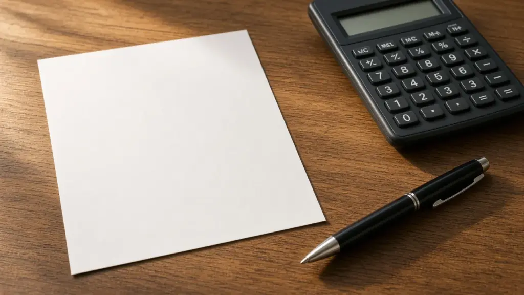 A blank sheet of paper, a pen, and a calculator on a table