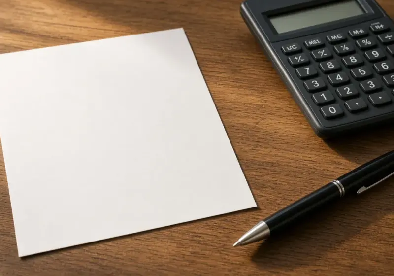 A blank sheet of paper, a pen, and a calculator on a table