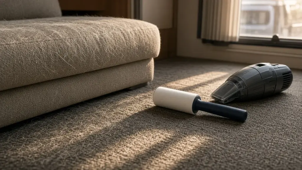 A lint roller and a small vacuum beside an RV sofa with pet hair