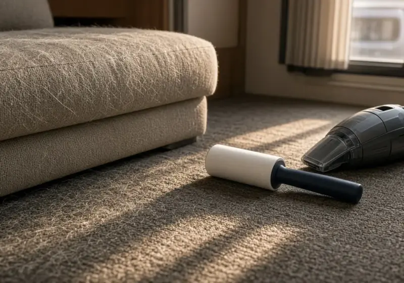 A lint roller and a small vacuum beside an RV sofa with pet hair
