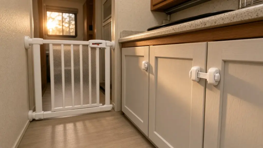 Baby gate and latched cabinets inside an RV