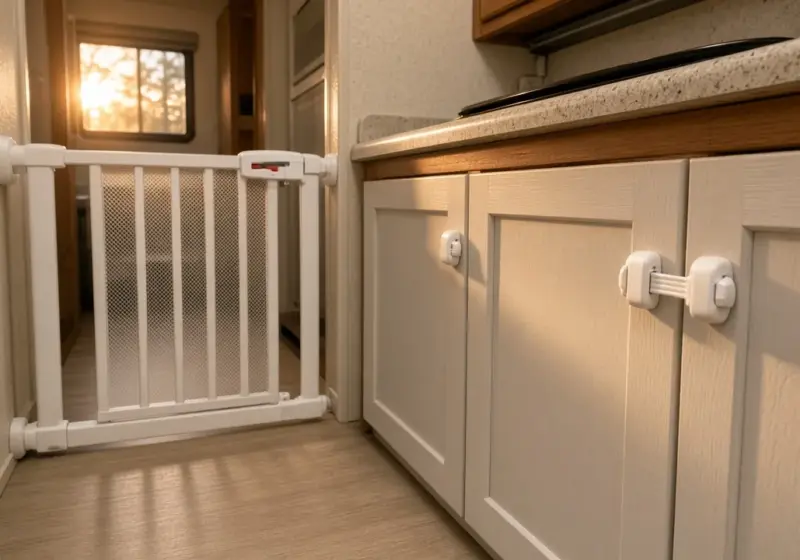 Baby gate and latched cabinets inside an RV