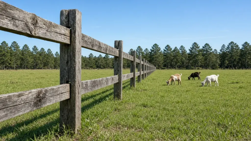 A wooden fence and a pasture with goats near an RV park