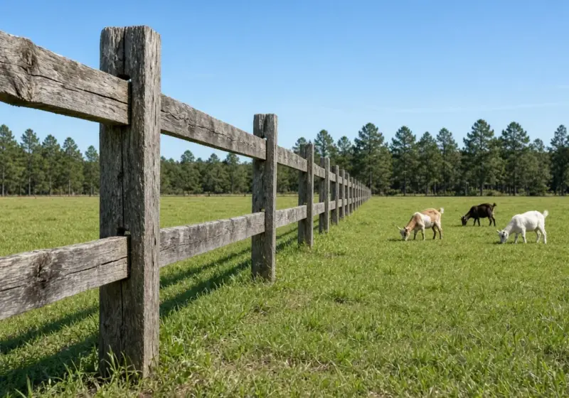 A wooden fence and a pasture with goats near an RV park