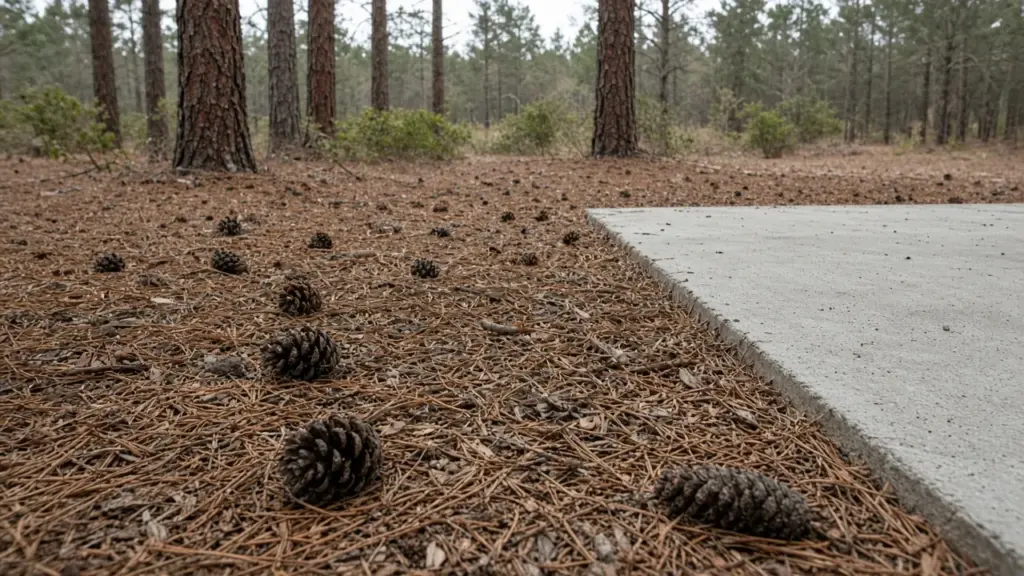 Pine needles and pine cones on the ground beside an RV concrete pad