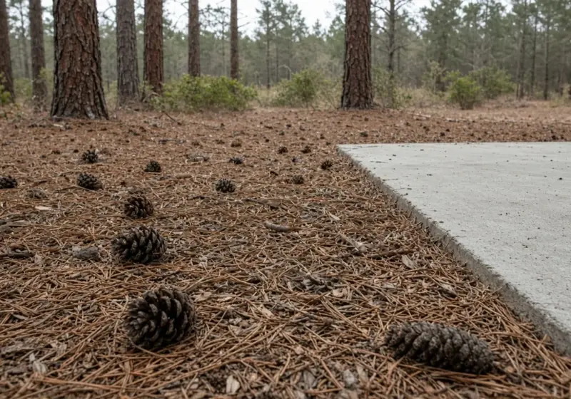 Pine needles and pine cones on the ground beside an RV concrete pad