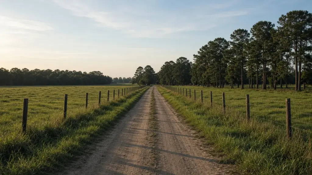 A rural Texas farm road with pastures and pine trees near small communities