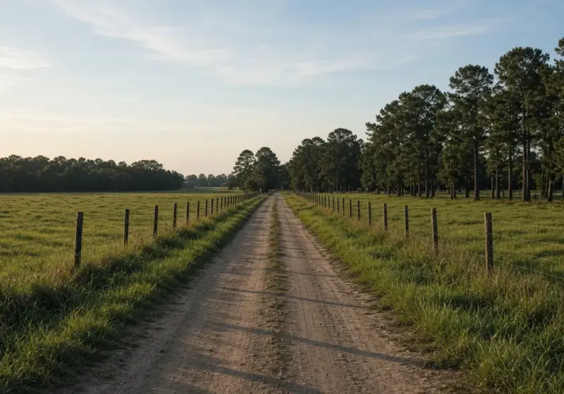 A rural Texas farm road with pastures and pine trees near small communities