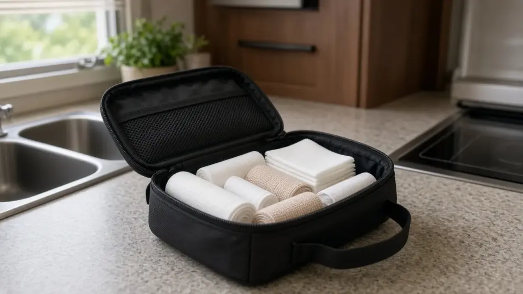 A pet first aid kit on an RV counter