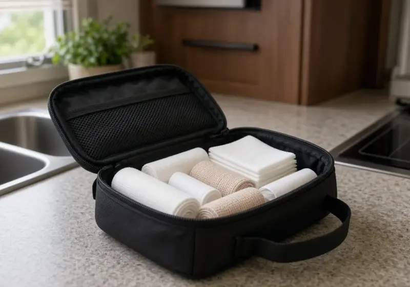 A pet first aid kit on an RV counter