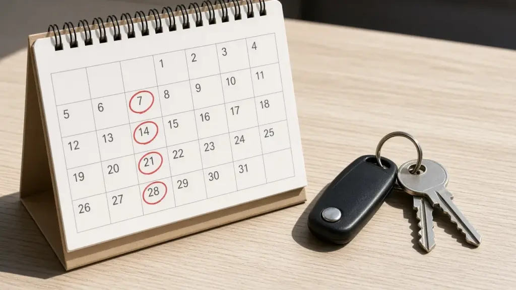 A desk calendar with dates circled beside an RV key