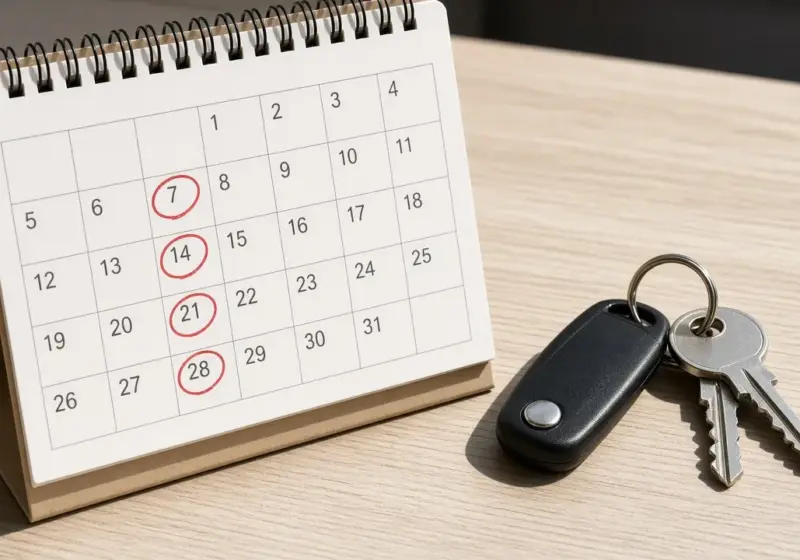 A desk calendar with dates circled beside an RV key