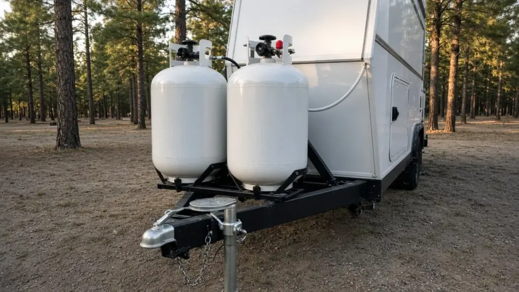 Two propane cylinders on the tongue of a travel trailer