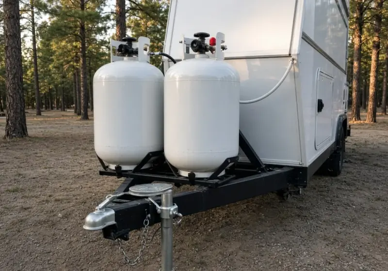 Two propane cylinders on the tongue of a travel trailer