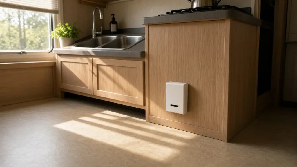 A propane detector near the floor of an RV kitchen