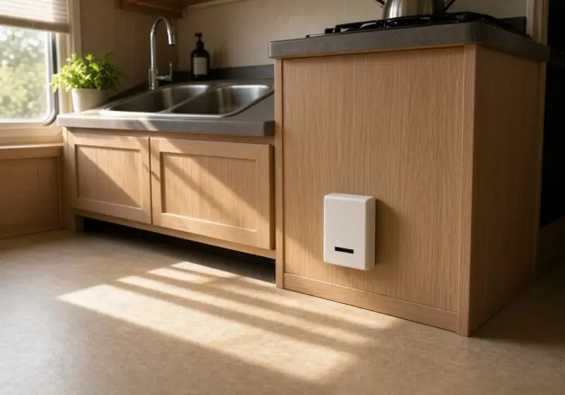 A propane detector near the floor of an RV kitchen