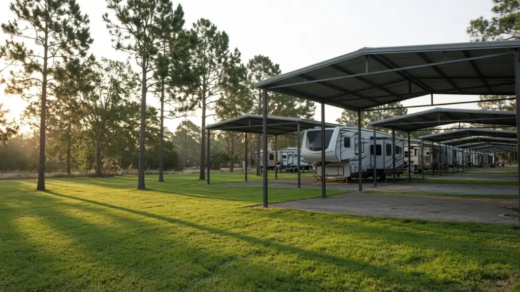 A quiet small RV park in the afternoon with shade from metal covers and a mowed lawn