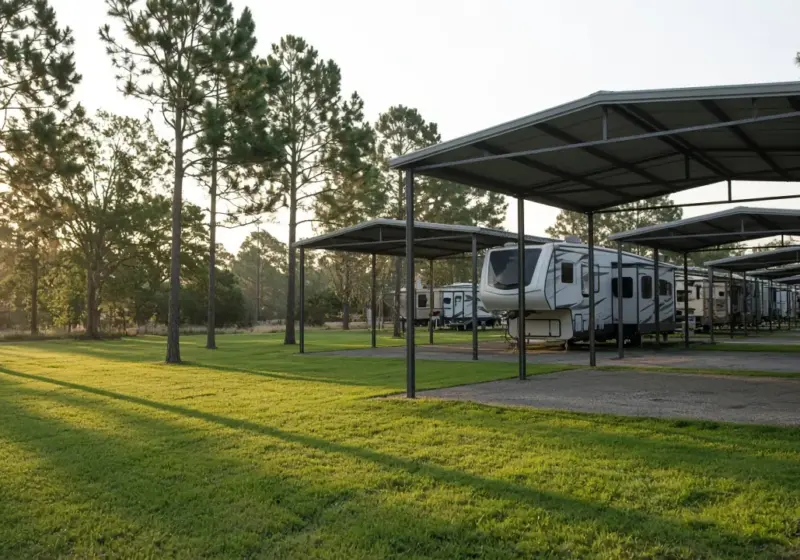 A quiet small RV park in the afternoon with shade from metal covers and a mowed lawn