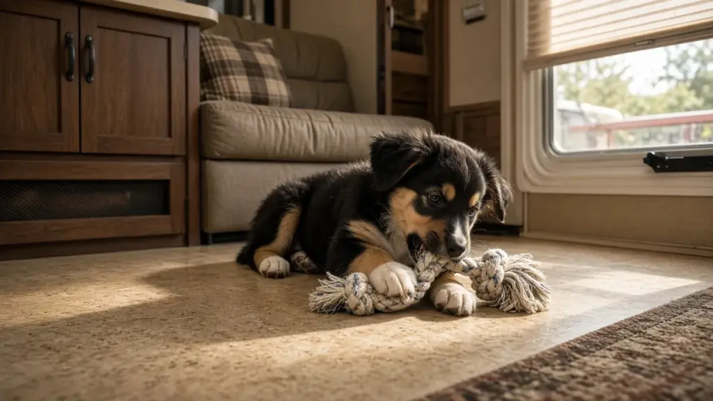 A puppy chewing a toy on an RV floor