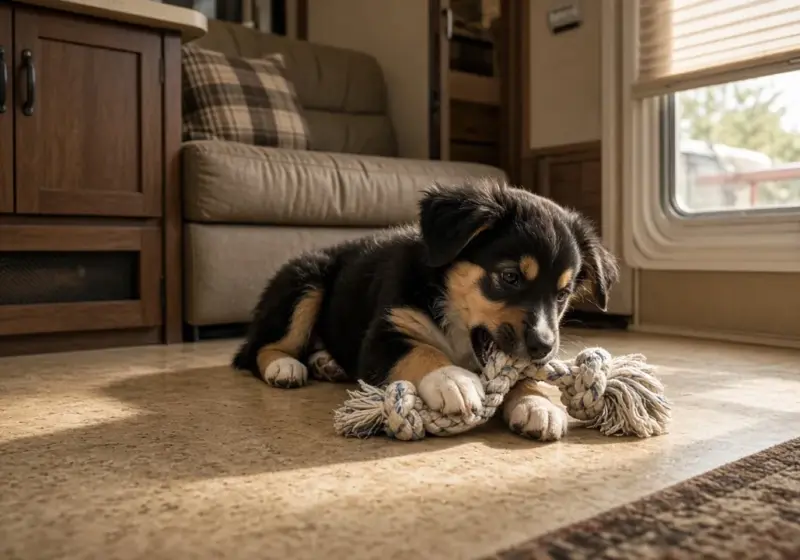 A puppy chewing a toy on an RV floor