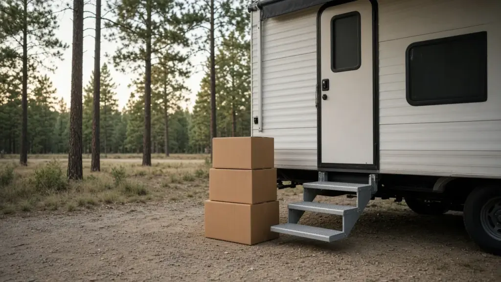 A stack of delivered cardboard packages beside the steps of a travel trailer