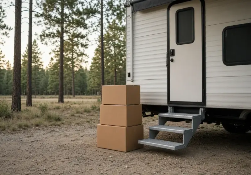 A stack of delivered cardboard packages beside the steps of a travel trailer