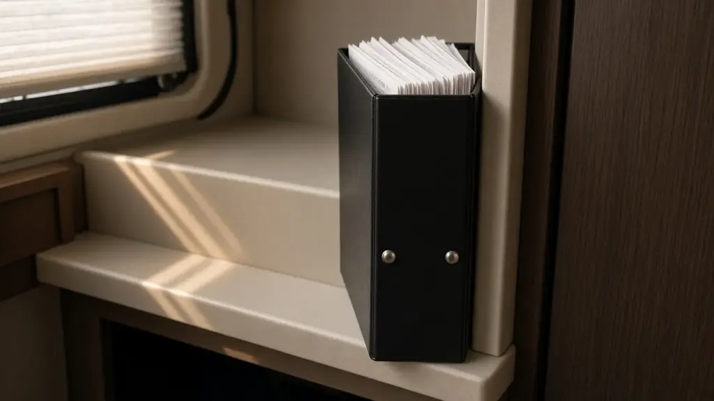A binder of receipts and records on an RV shelf