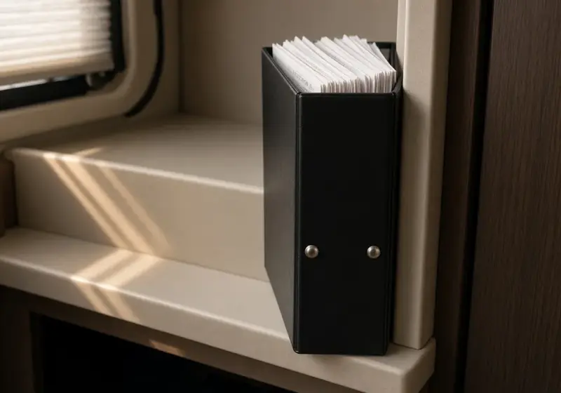 A binder of receipts and records on an RV shelf