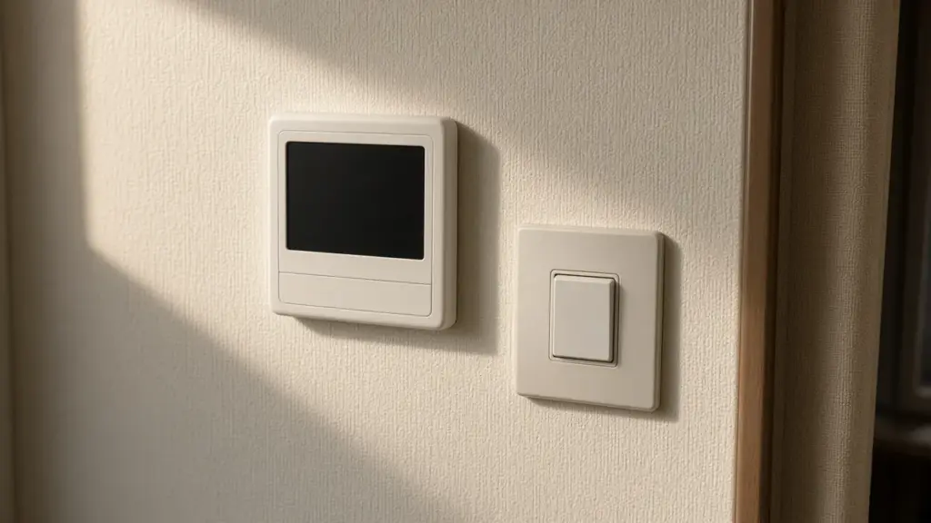 An RV thermostat and a light switch on the wall